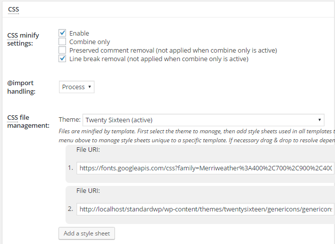 screenshot of css section of minify menu in w3tc